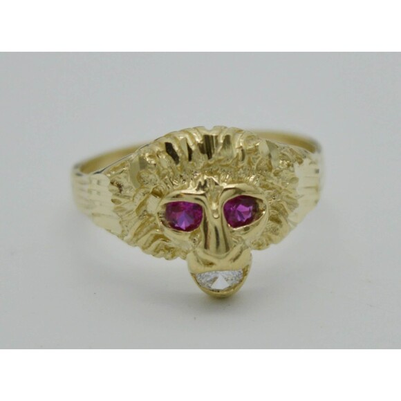 Real Solid 10K Yellow Gold Mens Red Eye Lion Head Ring grams